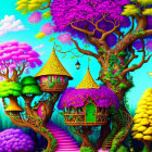 Colorful fantasy artwork: Whimsical treehouses and magical trees under blue sky