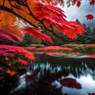 Tranquil autumn pond with red maple leaves and traditional house