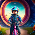 Child on Pink Bicycle with Helmet Near Whimsical Circular Portal