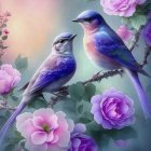 Vibrant blue birds on branch with pink blossoms and berries