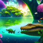 Colorful Jungle Digital Artwork with Birds, Flowers, and Crocodiles