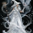 Mystical woman in flowing white garments surrounded by swirl of light against starry night.