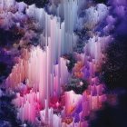 Vibrant digital artwork: Cascading waterfall in purple and blue hues, mythical forest setting