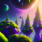 Colorful Fantasy Landscape with Mushroom Structures and Floating Planets