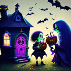 Whimsical Halloween illustration: Skeleton, ghost, candy, spooky house, bat-filled sky