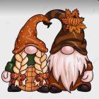 Whimsical garden gnomes with rosy cheeks and white beards holding a pumpkin