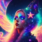 Vibrant neon hues frame a woman with celestial makeup