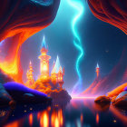 Enchanted castle at night in mystical forest with glowing lights