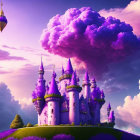 Purple castle with turrets on green hill under vivid sky