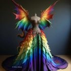 Colorful costume with rainbow wings and horned headdress on a person.