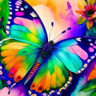 Colorful Butterfly Painting on Rainbow Background with Floral Details