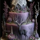 Woodland-themed tiered cake with deer, trees, and flower icing on dark backdrop