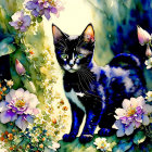 Colorful Watercolor Illustration of Black and White Kitten in Floral Setting