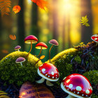 Enchanting forest scene with red-capped mushrooms and autumn leaves