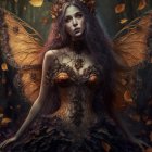 Young girl with butterfly wings and leaf dress in mystical forest.