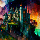 Colorful digital art: Fantastical castle on rocky cliff with autumn trees & abstract sky