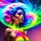 Colorful Woman Portrait with Neon Body Paint and Cosmic Hair on Starry Background