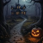 Haunted castle, jack-o'-lanterns, full moon, autumn leaves on dark night