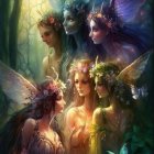 Ethereal women with iridescent wings in mystical forest with luminescent fish