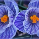 Stylized purple flowers on green stems against blue geometric background