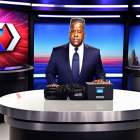 Television studio news anchor at desk with city skyline and "X2" screen graphics