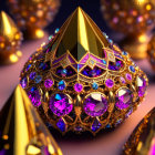 Ornate Golden Jeweled Crown with Colorful Gemstones on Purple Surface