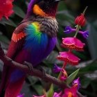 Colorful Hummingbird Painting with Vibrant Flowers and Foliage