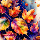 Vibrant autumn leaves with water droplets on purple backdrop