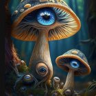 Fantasy forest scene with oversized mushrooms and vibrant blue & yellow caps in ethereal green lighting