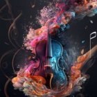 Colorful violin disintegrating into swirling flames on dark background