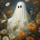 Colorful Illustration of Ghost-Like Figure Among Flowers