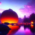 Surreal landscape with glowing orb, purple sky, and silhouetted trees