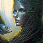 Ethereal woman's face merging with tree, adorned with foliage patterns, alongside brilliantly-scaled fish