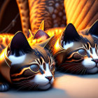 Detailed Stylized Digital Art Cats with Gold Adornments