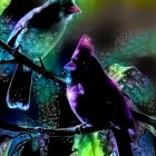 Colorful digital artwork: Two stylized birds with iridescent plumage on branch, surrounded by