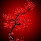 Vibrant red leaf tree artwork on dark red background