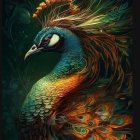 Colorful digital artwork of a bird with iridescent feathers and feathered crown