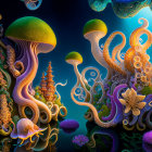 Colorful coral and mushroom-like structures in underwater scene