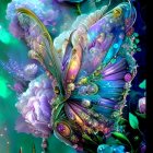 Digital artwork: Three female figures in lush flora with cosmic butterfly