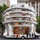 Dome-top futuristic library with spaceship bookshelf in nature