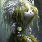 Mystical creature with white dreadlocks and mossy fur in misty forest