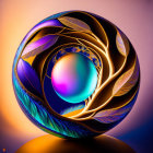 Colorful 3D sphere with intricate feather-like patterns on gradient background