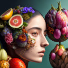 Colorful digital artwork: Woman's face merged with fruits, vegetables, and flowers