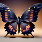 Colorful Butterfly with Blue Spots and Orange Highlights on Dark Background