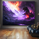 Fantasy-themed painting with dragon in stormy sky and bat-winged chair.