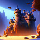 Fantasy castle digital illustration with sunset backdrop and flying saucers