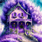 Purple-toned magical house illustration with balcony, turrets, greenery, and lights