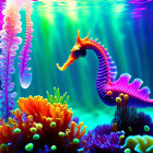 Colorful Seahorse Among Neon Coral and Anemones in Vibrant Underwater Scene