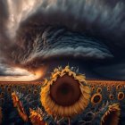 Sunflower field under swirling storm cloud and sunlight horizon