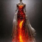 Regal female figure in red and gold gown with glowing aura in fantastical setting